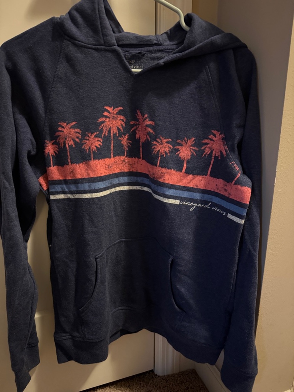 Vineyard Vines Navy Hoodie with Red Palm-Print and Blue-White Stripes